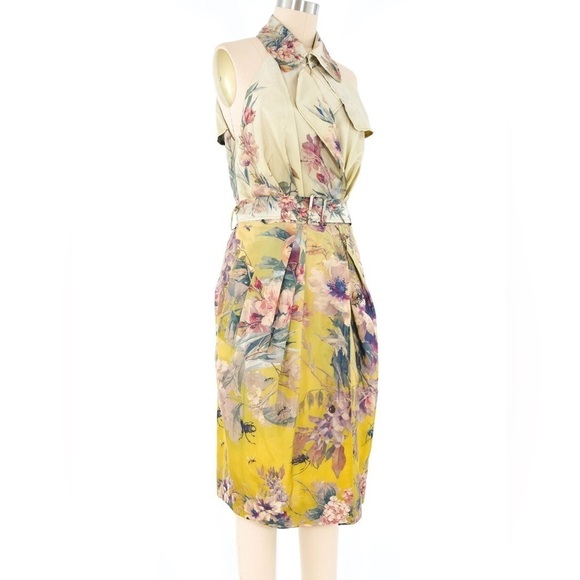 Jean Paul Gaultier Yellow Gold Ombre Bug floral print wrap dress US 12 NWT - Picture 2 of 10